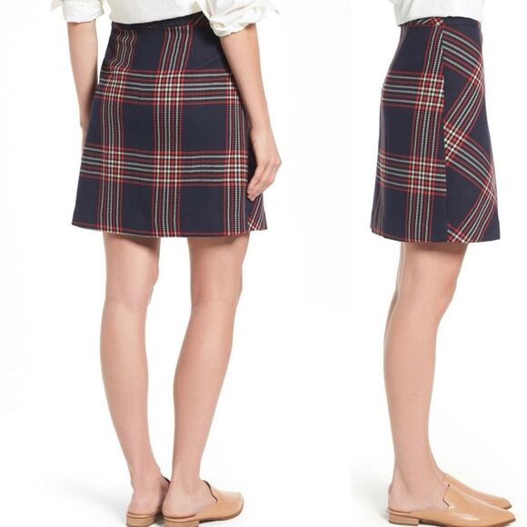 HALOGEN Classic Navy Plaid A-Line Skirt size 10 red white blue - Picture 3 of 11